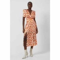 French Connection Orange Aimee Inu Satin Split Front Dress