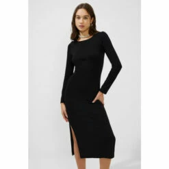 French Connection Black Solid Meadow Jersey Long Sleeve Dress