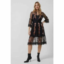 French Connection Blue Arabelle Embroidered V-Neck Dress