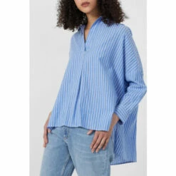 French Connection Blue And White Stripe Side Split Popover Shirt -French Connection store unnamed file 257