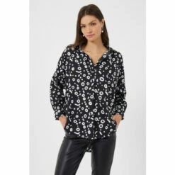 French Connection Oversized Crepe Light Doe Print Popover Black Shirt