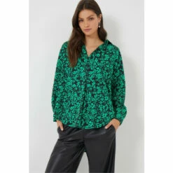 French Connection Green Crepe Light Florey Popover Shirt