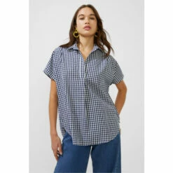 French Connection Blue Gingham Side Split Popover Shirt -French Connection store unnamed file 362