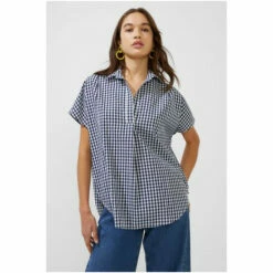 French Connection Blue Gingham Side Split Popover Shirt -French Connection store unnamed file 364