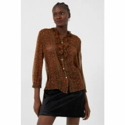 French Connection Brown Erina Crinkle Ruffle Front Button Down Blouse -French Connection store unnamed file 391