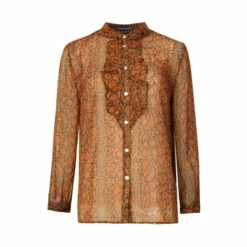 French Connection Brown Erina Crinkle Ruffle Front Button Down Blouse -French Connection store unnamed file 392