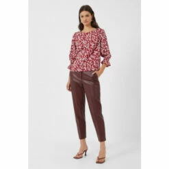 French Connection Red Crepe Light Ditsy 3/4 Sleeve Crew Neck Top