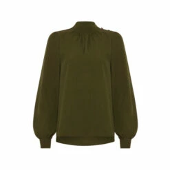 French Connection Green Arina Solid Button Neck Top -French Connection store unnamed file 405
