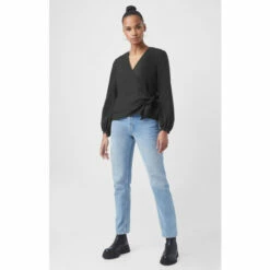 French Connection Black Crepe Light Long Sleeve Wrap Top