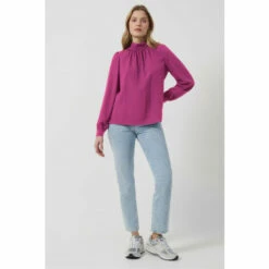 French Connection Purple Arina Solid Button Neck Top
