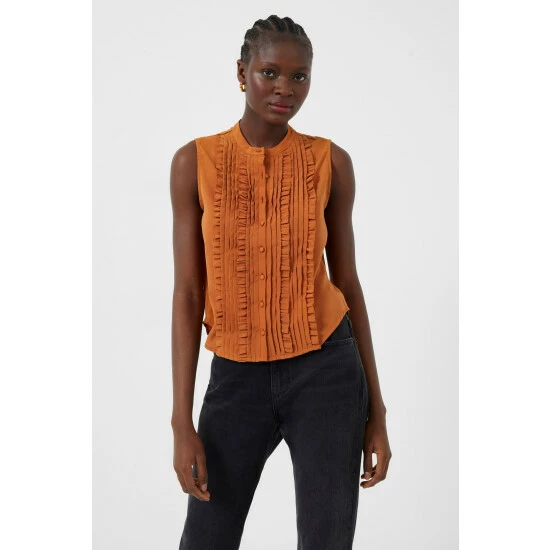 unnamed-file-425.jpg French Connection Anika Recycled Crepe Light Ruffle Brown Top -French Connection store unnamed file 425