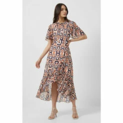 French Connection Brown Geometric Front Split Multicoloured Dress
