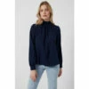 French Connection Blue Arina Solid Button Neck Top