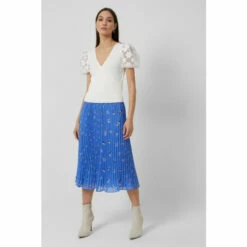 French Connection Blue Bhelle Crepe Pannel Pleated Midi Skirt